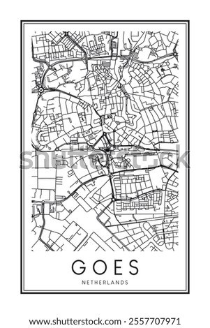 Printable downtown road map poster of the Dutch city of GOES on solid white background with city name