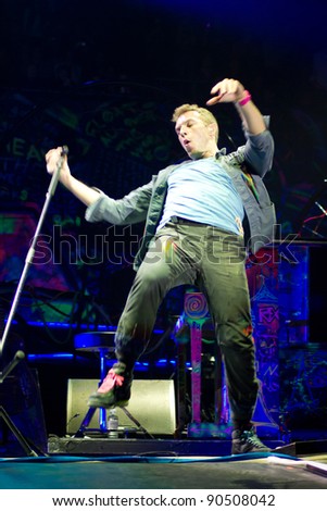 LONDON, UK - DECEMBER 9: Coldplay perform to a sell out crowd in the O2 arena, on the December 9, 2011 in London, UK