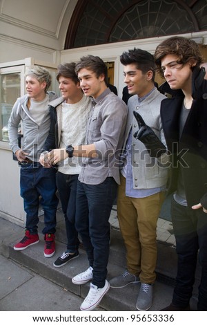 LONDON, UK - FEB. 20: Boyband One Direction lark around at the BBC Maida Vale Studios in London on the Feb 20, 2012 in London, UK