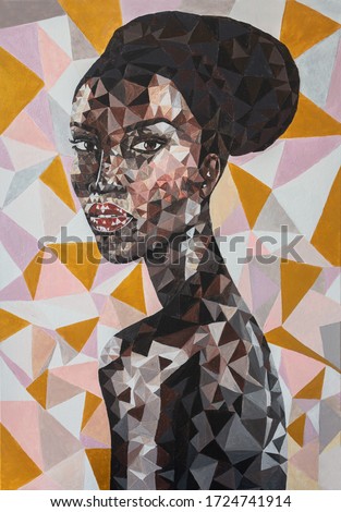 Black lives matter. Polygonal portrait of young pretty african woman hand drawn painting acrylic on canvas. Beautiful African American woman face with black afro hair. Fashion African girl