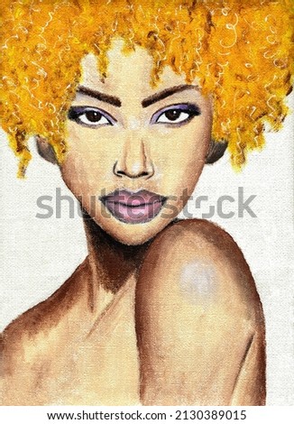 Acrylic portrait of an African American woman with short yellow hair isolated on the white background. Black lives matter. Template with hand drawn portrait of african woman