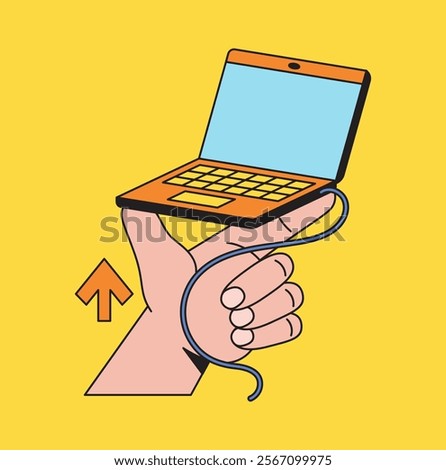 Laptop held by check list finger hand cartoon hand with cable wrapped around drawn illustration