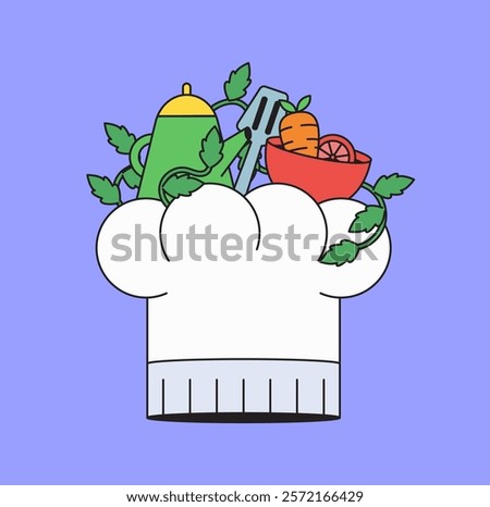 Chef's hat overflowing with kitchen tools and vegetables in cartoon hand drawn perfect for culinary themes and food related