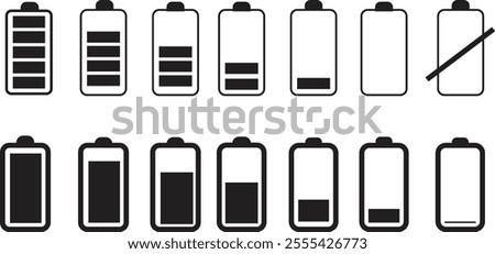 Battery signal symbol black set, battery infographic icon charged. png Vector Smartphone Low Battery, isolated on transparent background, Silhouette vector template design, for website design, mobile.