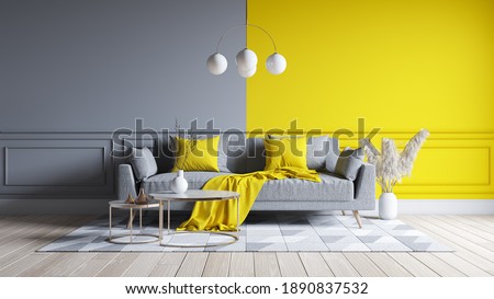 Modern living room interior design.  yellow and gray paint wall with gray sofa . Color of the year 2021. 3d render