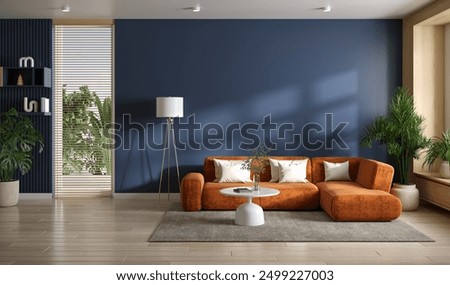 Similar – Image, Stock Photo Green sofa with plants and lamp with wallpaper on sunny day