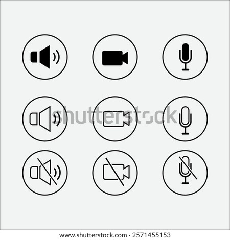 Speaker, Mic and Video Camera icons. Basic icons for Video Conference, Webinar and Video call