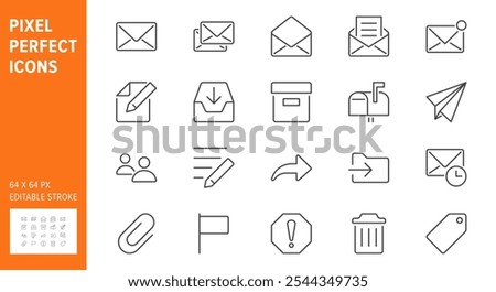 Mail line icons. Vector illustration include icon - postbox, label, letter, email, envelope, spam, document attachment outline pictogram for postal service. 64x64 Pixel Perfect, Editable Stroke.