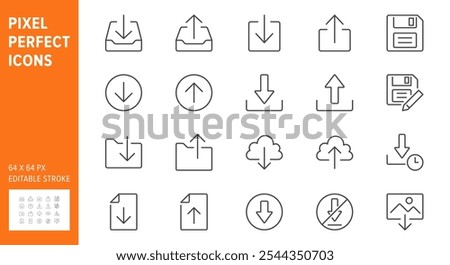 Download line icons. Vector illustration include icon - upload, cloud storage, folder, arrow, document, diskette, floppy disk outline pictogram for web button. 64x64 Pixel Perfect, Editable Stroke.