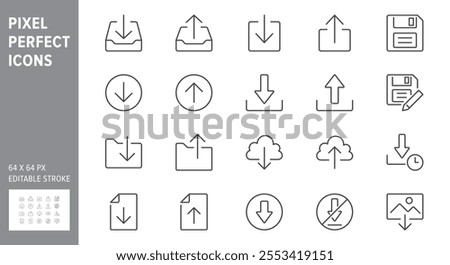 Download line icons. Vector illustration include icon - upload, cloud storage, folder, arrow, document, diskette, floppy disk outline pictogram for web button. 64x64 Pixel Perfect, Editable Stroke.