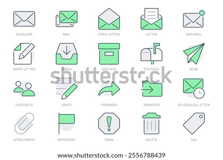 Mail line icons. Vector illustration include icon - postbox, label, letter, email, envelope, spam, document attachment outline pictogram for postal service. Editable Stroke, Green Color.