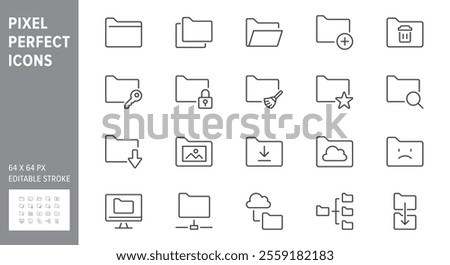 Folder line icons. Vector illustration include icon - file, copy, erase, download, network, lock, document, browse outline pictogram for computer catalog. 64x64 Pixel Perfect, Editable Stroke.