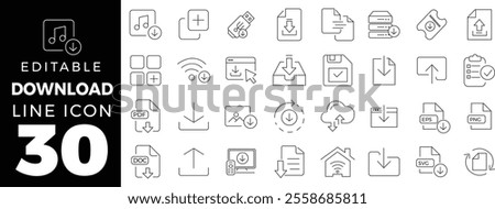  Download set of web icons in line style. Upload and Download linear icon collection. Containing arrow, link, folder, download file, cloud storage, web button. Editable stroke