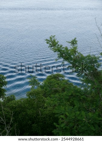 Similar – Image, Stock Photo Rippled ocean near green mountain with walkway under sky