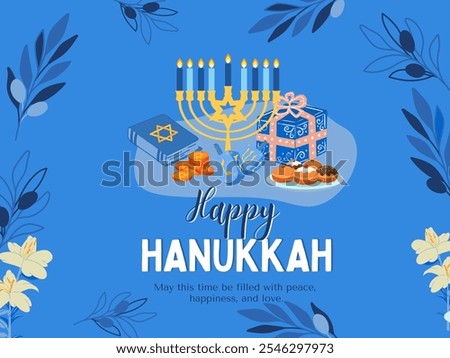 Blue-Floral-Elegant-Happy-Hanukkah with Hand Drawn Torah,Lit Menorah Candles,Hanukkah Present Illustration,Hanukkah Party Cartoon,Hanukkah Tops Illustration