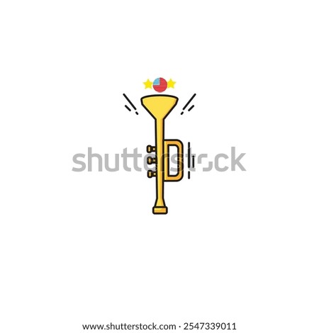 A simple, cartoon-style illustration of a golden trumpet with three stars and a ball on top. The trumpet is playing a note, indicated by the musical notes around it.
