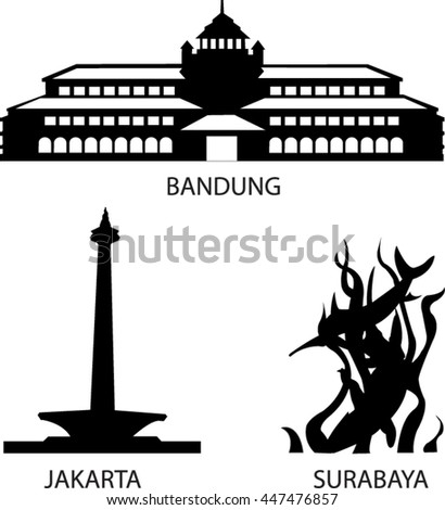 Indonesian Famous Landmarks. Jakarta bandung Surabaya silhouette.