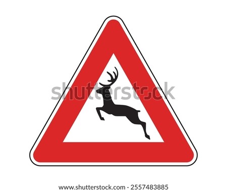 Animal Crossing Road Sign Featuring a Triangular Shape with a Yellow Border and Black Silhouette of a Leaping Deer, Indicating the Potential Presence of Animals on the Road, Available as a Vector File