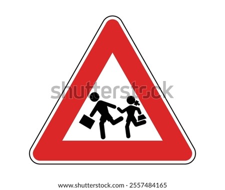 School Zone Road Sign Featuring a Triangular Shape with Red Border and Black Silhouettes of Running Children, Indicating the Presence of School or Educational Institutions, Available as a Vector File