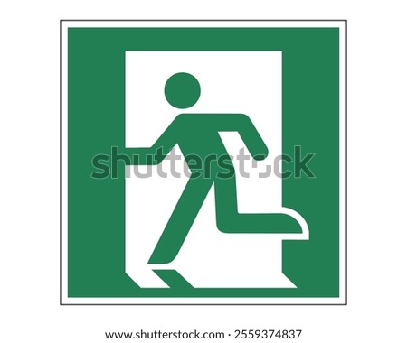 Emergency Exit (Left Hand) Sign Featuring a Green Background with White Running Figure and Left Arrow, Available as a Vector File, ISO 7010 E001