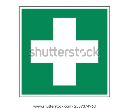 First Aid Sign Featuring a Green Background with White Cross, Indicating the Presence of First Aid Supplies or Assistance, Available as a Vector File, ISO 7010 E003