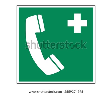 Emergency Telephone Sign Featuring a Green Background with White Telephone Icon and Cross, Indicating the Presence of an Emergency Phone, Available as a Vector File, ISO 7010 E004