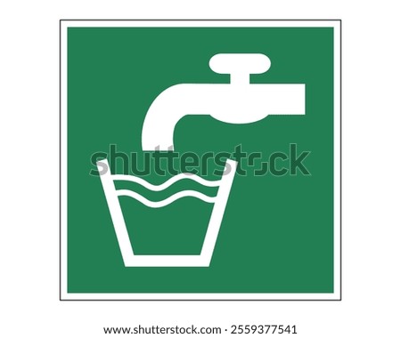 Drinking Water Sign Featuring a Green Background with White Faucet and Glass Icon, Indicating the Availability of Potable Water, Available as a Vector File, ISO 7010 E015