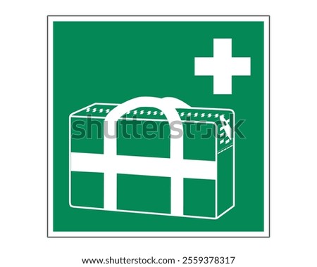 Medical Grab Bag Sign Featuring a Green Background with White Bag Icon and Cross, Indicating the Presence of Emergency Medical Supplies, Available as a Vector File, ISO 7010 E027