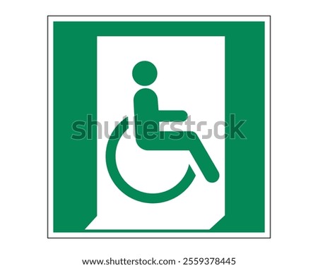 Emergency Exit for People Unable to Walk or with Walking Impairment (Right) Sign Featuring a Green Background with White Wheelchair Icon and Arrow, Available as a Vector File, ISO 7010 E030