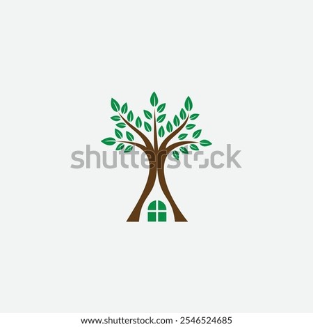 Nature Inspired Treehouse Logo Design Minimalistic Green and Brown Tree Illustration with Leafy Branches and a Cozy House Element for Eco Friendly