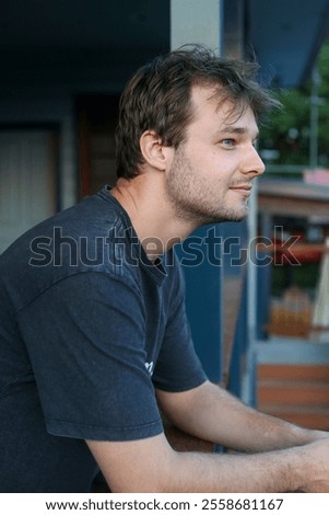 Similar – Image, Stock Photo Man leaning on wooden door