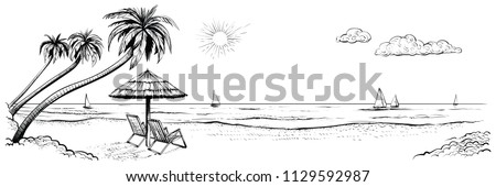 Panoramic beach view. Vector illustration of seaside promenade with palms, two chairs, umbrella and yachts. Black and white hand drawn sketch.
