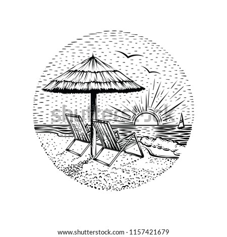 Beach landscape with parasol and two chairs. Black line graphic illustration on white backgraund. Round sea vacation emblem, card or logo element.