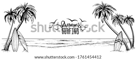 Surfboards on the beach with palm trees, vector illustration. Panoramic sea landscape in sketchy style. Hand drawn coast banner.