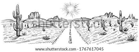 Desert road panorama landscape, vector illustration. Black and white sketch of American desert with cactus and sand rocks. USA journey. Arizona roadway , line art.