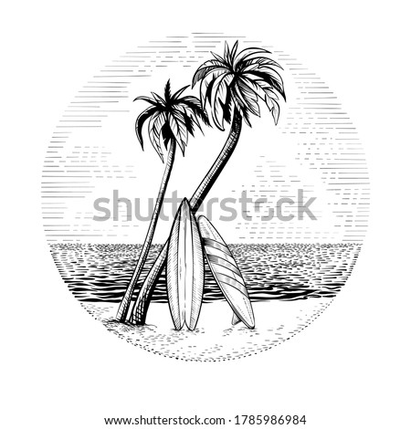 Surfboards under the  palm trees, vector illustration. Beach surfing round design in sketchy style. Circle seaside sign.