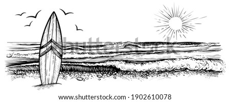 Surfing beach vector landscape, panorama view with waves, sun and seagulls. Illustration of surf board in the sand. Black and white vintage sketch. 