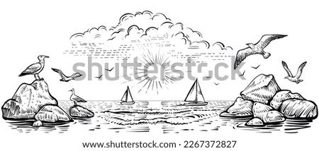 Panoramic beach view with seagulls and boats. Vector panoramic illustration of the seaside with waves and rocks. Black and white sea sketch.