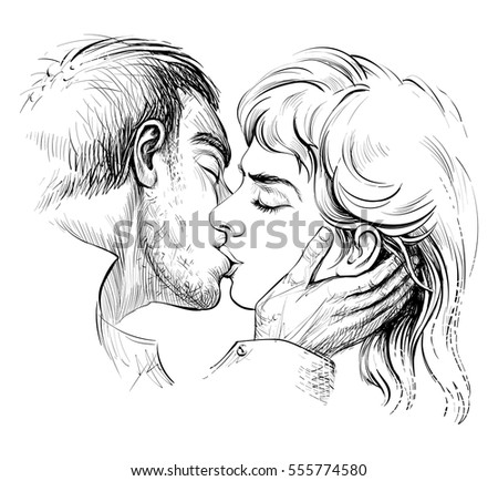Kissing couple in love, black and white hand drawn sketch. Romantic scene with man and woman. Line art vector illustration.