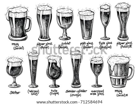 Beer glass and mugs types. Vector hand drawn vintage illustrations. Drinks with foam in varied glassware with it German titles.