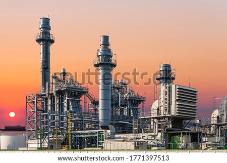 Similar – Image, Stock Photo Gas turbine electrical power plant. Energy for support factory. Natural gas tank. Chimney tower of gas power plant. Power plant using natural gas for fuel. Green energy. Power station against gray sky