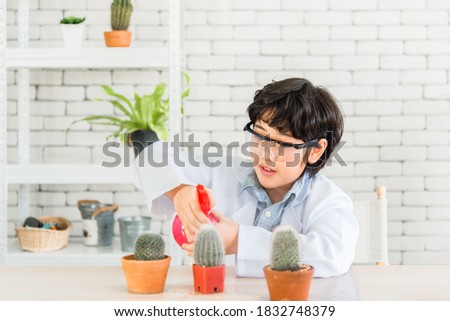 Image, Stock Photo Boy planting cactus seedling in garden