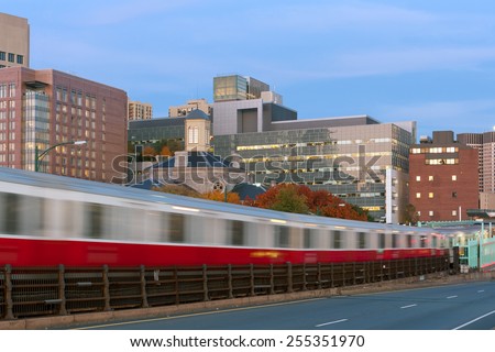 Red line subway train in motion blur in Boston