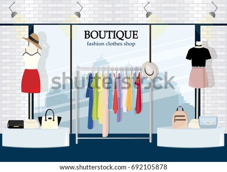Modern clothing store interior design with a big window. Flat style vector illustration.