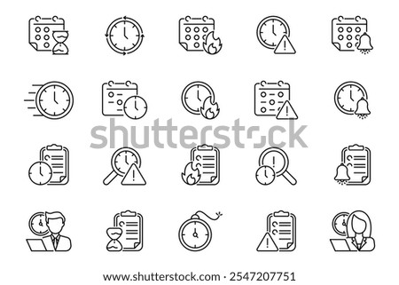 This collection features 20 outline icons for deadline management, including clocks, calendars, alarms, and timers to enhance productivity and efficiency in personal and professional settings