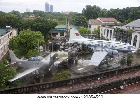 HANOI, VIETNAM - AUG 8: The famous Military History museum in Hanoi, Vietnam on Aug 8, 2012 with its collection of captured American aircraft and a war debris pyramid exhibit.