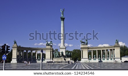 BUDAPEST -  JULY 10: Tourists visit Millennium Monument in Heroes Square on July 10, 2012  in Budapest, Hungary. This square has been UNESCO World Heritage site since 2002.