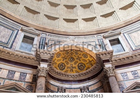 Interior of Pantheon in Rome, Italy. Pantheon is a famous monument of ancient Roman culture, the temple of all the gods, built in the 2nd century.
