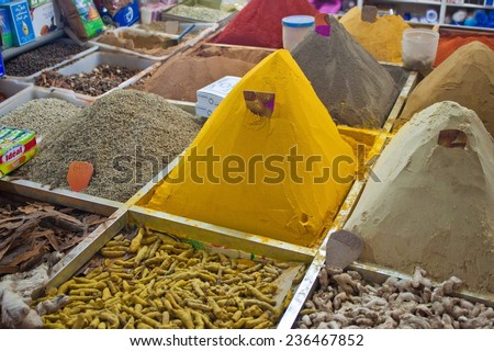 NADOR, MOROCCO - JULY 25: Stall with spices on a market on July 25, 2010 in Nador, Morocco. The city is a Mediterranean port and major trading center. It has more than 180,000 inhabitants.