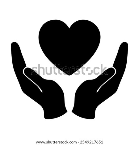 Hand holding heart icon. Black filled icon. Heart in hand black filled vector sign. Thank you icon, Trust symbol, logo illustration. Silhouette vector. Vector graphics